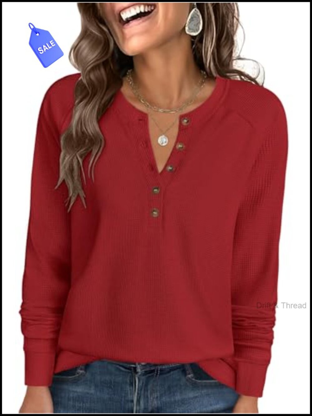 Waffle Knit Henley Top Long Sleeve Button Up V Neck Loose Fit Shirt